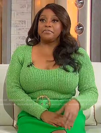 Sherri's green metallic scoop neck sweater on Sherri