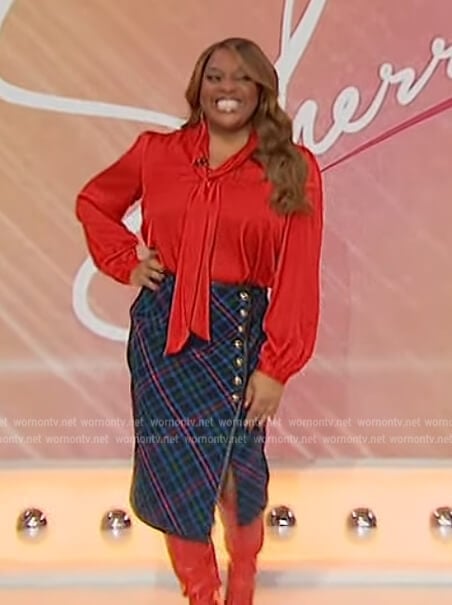 Sherri's blue plaid knit skirt on Sherri