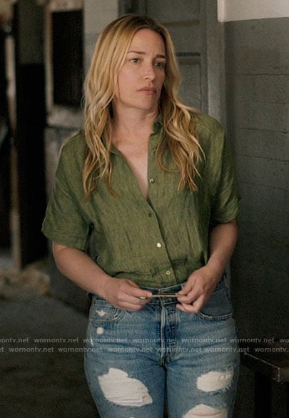 Summer's green linen button down top on Yellowstone