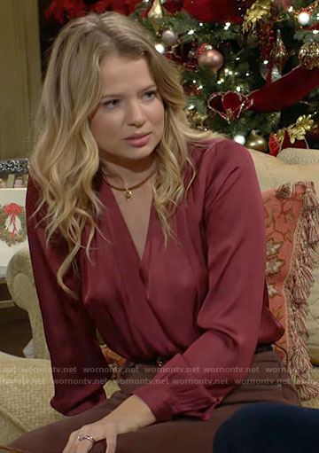 Summer's red satin wrap blouse on The Young and the Restless