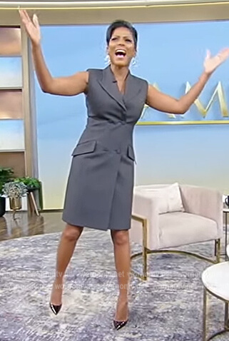 Tamron's gray sleeveless blazer dress on Tamron Hall Show