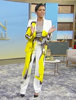 Tamron's tie dye blazer and lace top on Tamron Hall Show