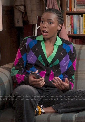 Whitney's colorful argyle cardigan on The Sex Lives of College Girls