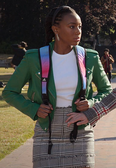Whitney's green leather moto jacket on The Sex Lives of College Girls