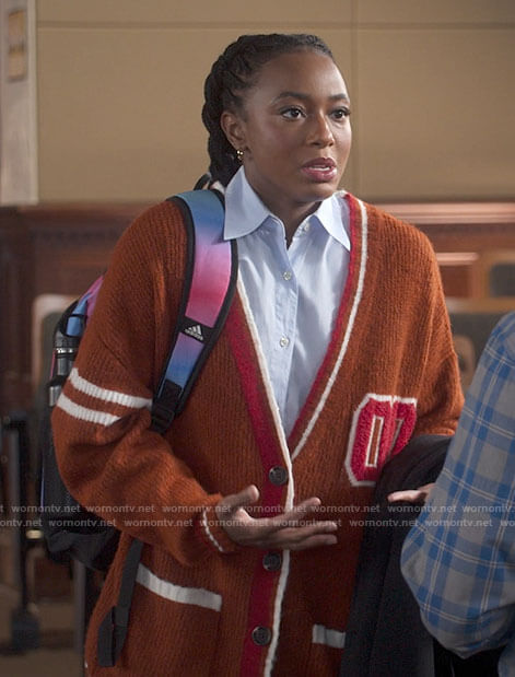 Whitney's brown oversized varsity cardigan on The Sex Lives of College Girls