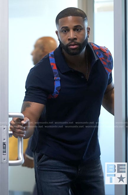 Zac's blue polo shirt with camo panel on Tyler Perrys Sistas