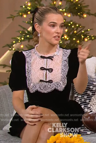 Zoey Deutch's black contrast lace mini dress on The Kelly Clarkson Show