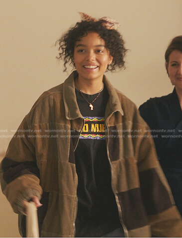 Zoya's black print tee and patchwork jacket on Gossip Girl