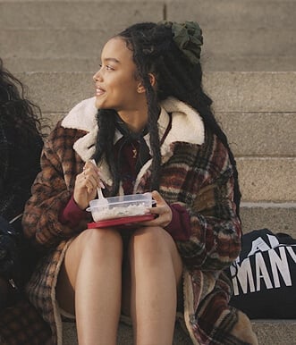 Zoya's mixed plaid sherpa jacket on Gossip Girl