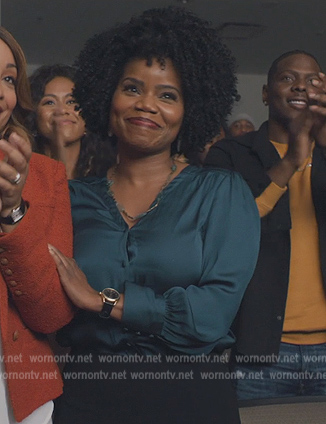 Amara's teal satin blouse on All American Homecoming