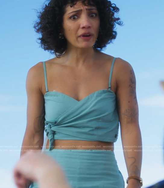 Andi's teal green wrap crop top and pants set on Fantasy Island