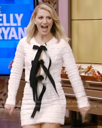 Annaleigh Ashford's white textured contrast bow jacket on Live with Kelly and Ryan