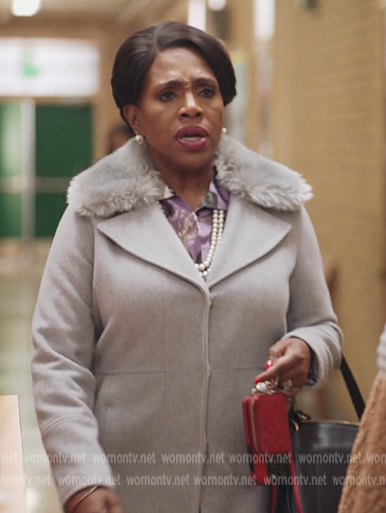 Barbara's gray shearling collar coat on Abbott Elementary
