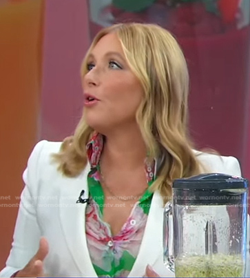 Dr Kellyann Petrucci's green floral blouse and blazer on Good Morning America