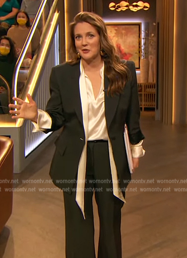Drew's tie neck blouse and blazer on The Drew Barrymore Show