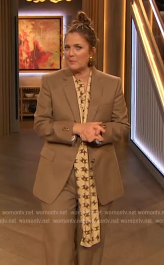 Drew's printed tie neck blouse on The Drew Barrymore Show