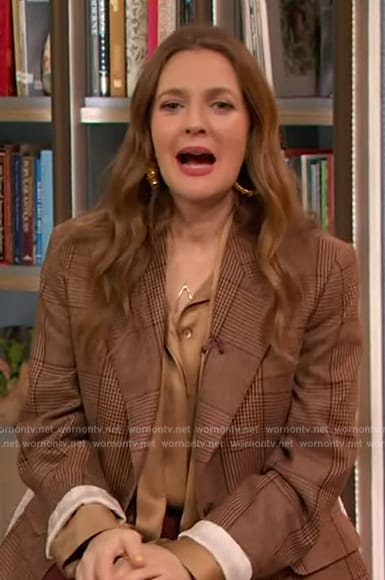 Drew's brown tie neck blouse on The Drew Barrymore Show
