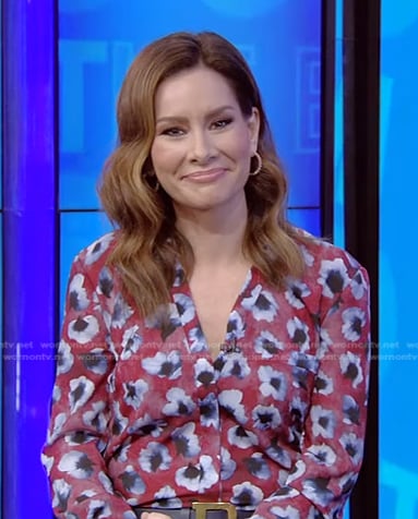 Rebecca Jarvis's red floral blouse on Live with Kelly and Ryan