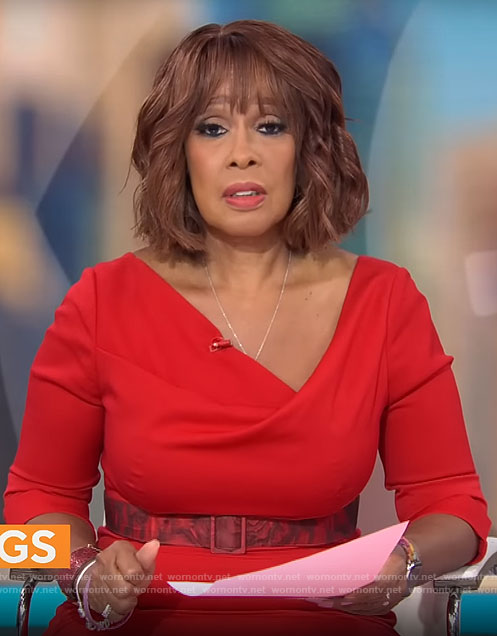 Gayle King's red cowl neck dress on CBS Mornings