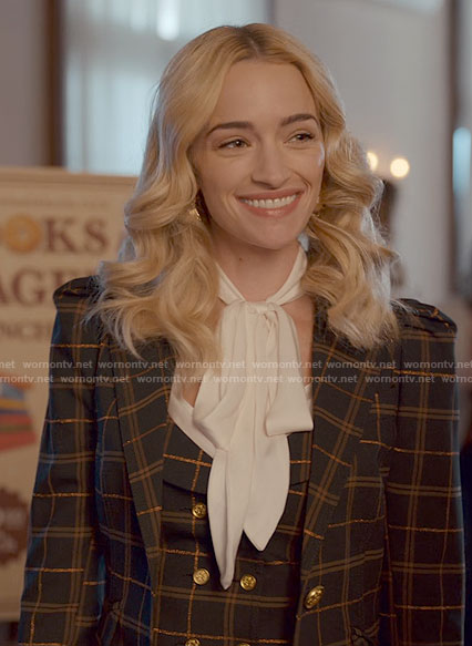 Georgia's plaid 3 piece suit and tie neck blouse on Ginny & Georgia