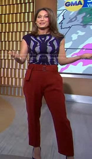 Ginger's navy print top and brown belted pants on Good Morning America