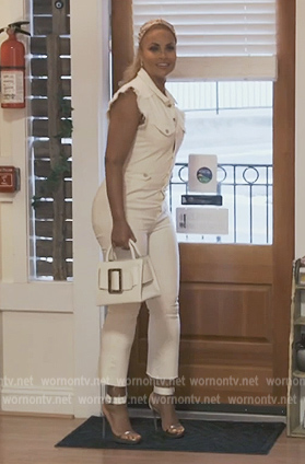 Gizelle's whtie denim jumpsuit on The Real Housewives of Potomac