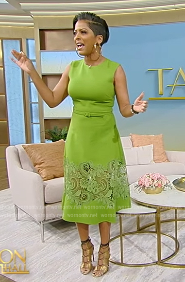 Tamron's green lace inset sleeveless dress on Tamron Hall Show