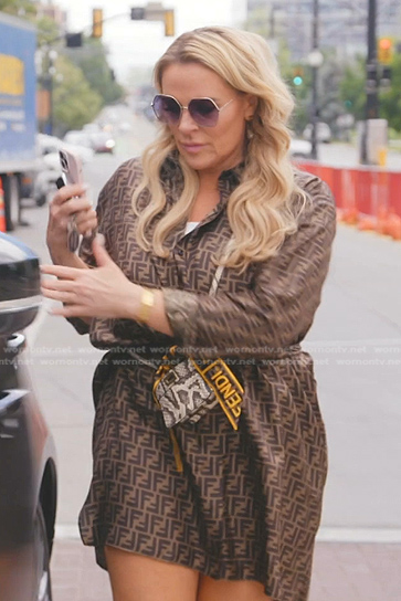Heather's brown Fendi logo print dress on The Real Housewives of Salt Lake City
