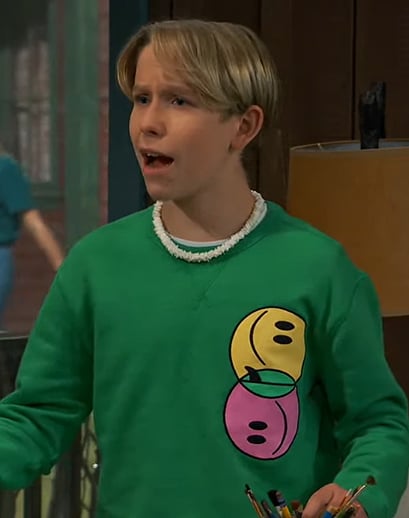Jake's green smiley face print sweatshirt on Bunkd