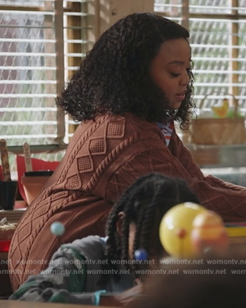 Janine's brown cable knit cardigan on Abbott Elementary