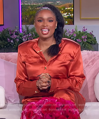 Jennifer orange satin utility jumpsuit on The Jennifer Hudson Show