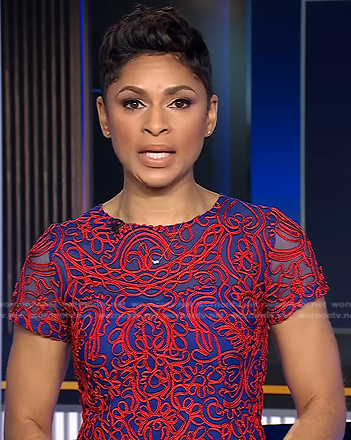 Jericka’s red and blue embroidered dress on CBS Evening News