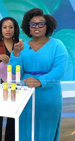 Jessica Cruel's blue fuzzy v-neck dress on Today