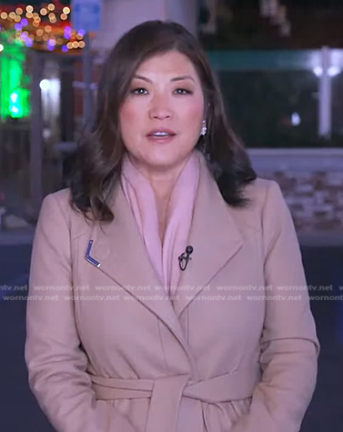 Juju Chang's beige wrap short coat on Good Morning America