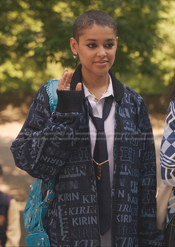 Julien's blue Kirin logo print bomber jacket and bag on Gossip Girl