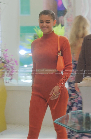 Julien's orange ribbed lace-up sleeve top and pants on Gossip Girl