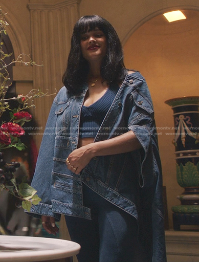 Julien's blue ribbed top and asymmetric denim jacket on Gossip Girl