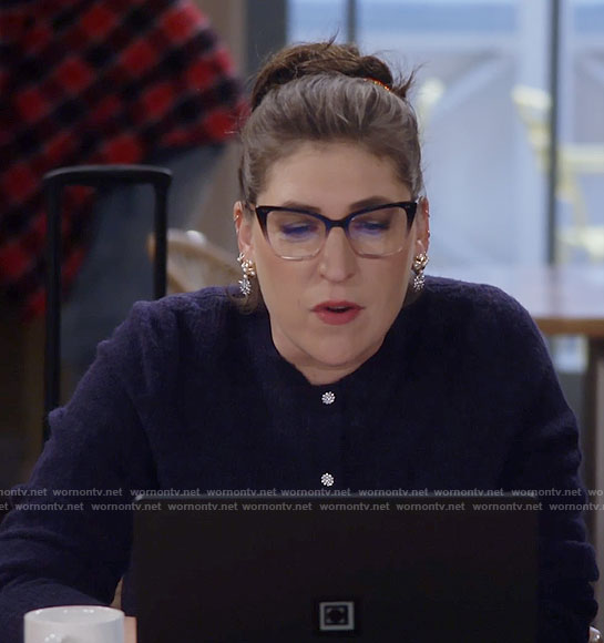 Kat's navy jewel button cardigan on Call Me Kat