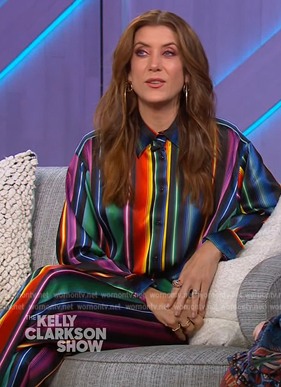 Kate Walsh's multicolored satin stripe blouse and pants on The Kelly Clarkson Show