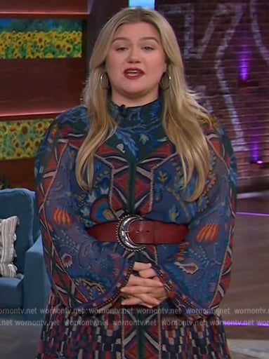 Kelly's blue tapestry embroidered maxi dress on The Kelly Clarkson Show