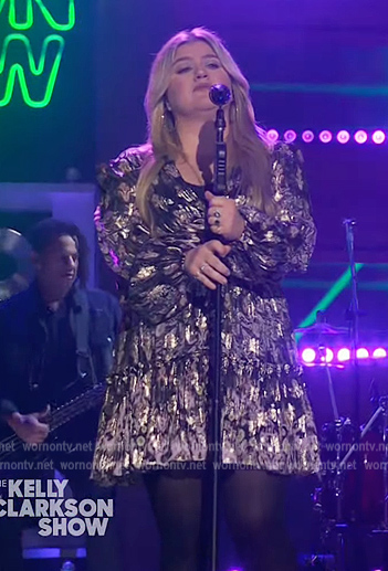 Kelly's floral metallic mini dress on The Kelly Clarkson Show