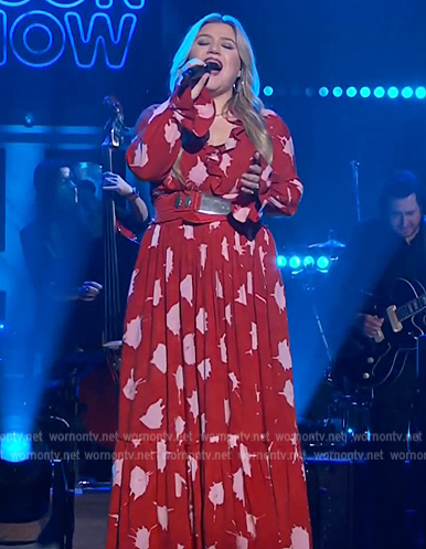 Kelly's red floral print ruffle maxi dress on The Kelly Clarkson Show