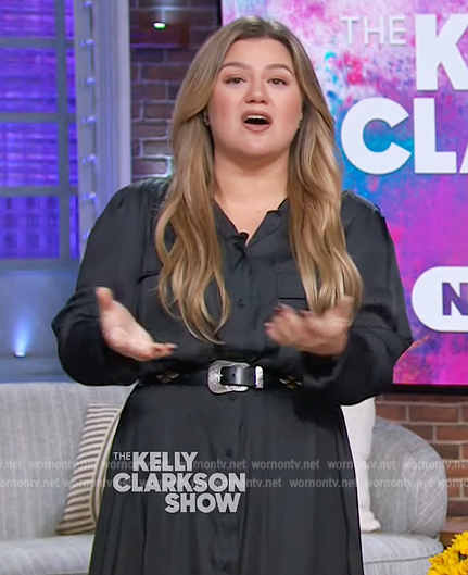 Kelly's black satin shirtdress on The Kelly Clarkson Show
