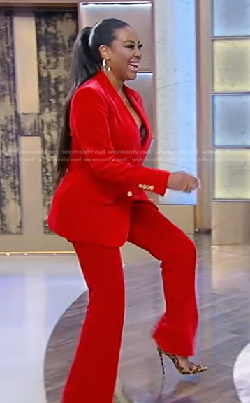 Kenya Moore's red velvet blazer and pants on Tamron Hall Show
