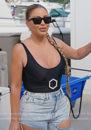 Larsa's black ring embellished swimsuit on The Real Housewives of Miami