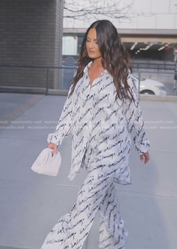 Lisa's white printed oversized shirt and pants on The Real Housewives of Salt Lake City