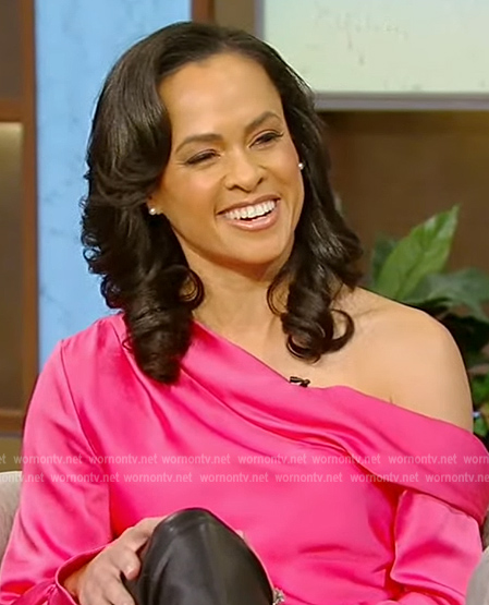 Lindsey Davis's pink satin off shoulder top on Tamron Hall Show