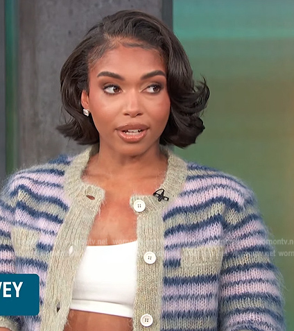 Lori Harvey's striped cashmere cardigan on Access Hollywood