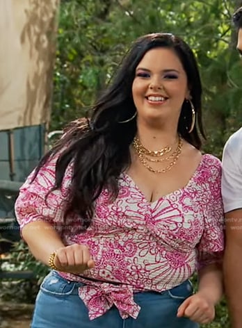 Lou's pink and white printed tie waist top on Bunkd