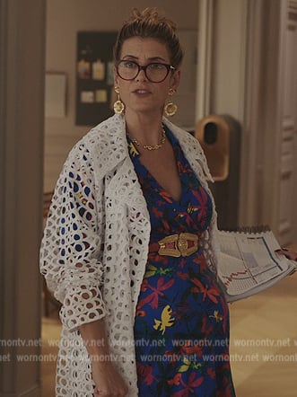 Madeline's blue floral print wrap dress on Emily in Paris